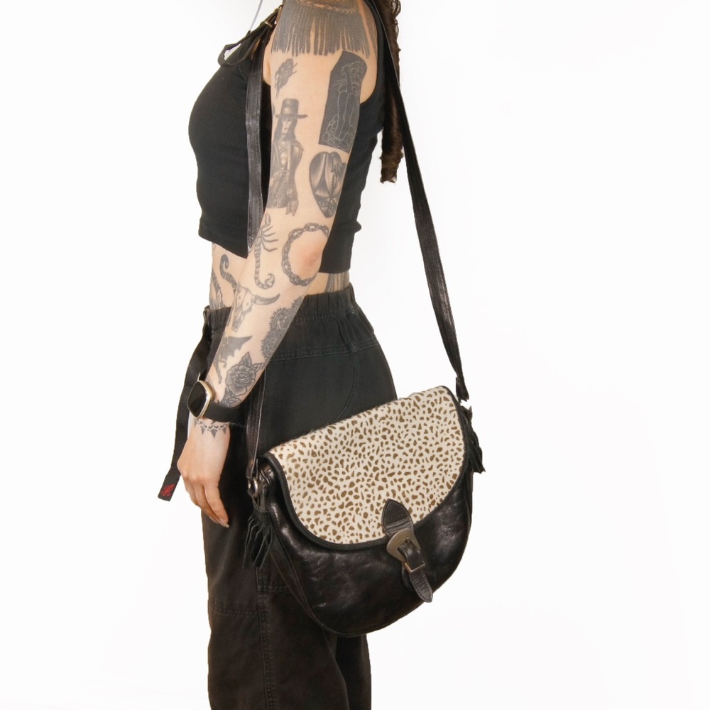 Vintage Italian Leather Animal Print Pony Hair Western Saddle Crossbody Bag